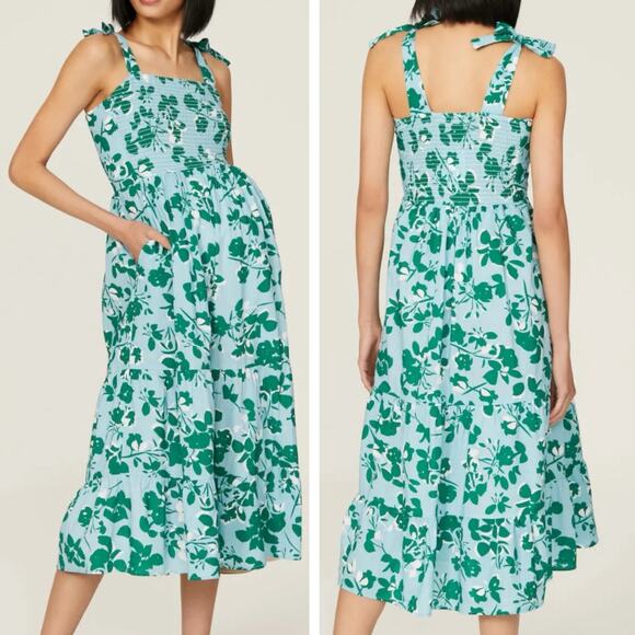 Seraphine Gianna Maternity Dress w Pockets 6 Tiered Blue Green Smocked Midi Tie - Picture 1 of 13